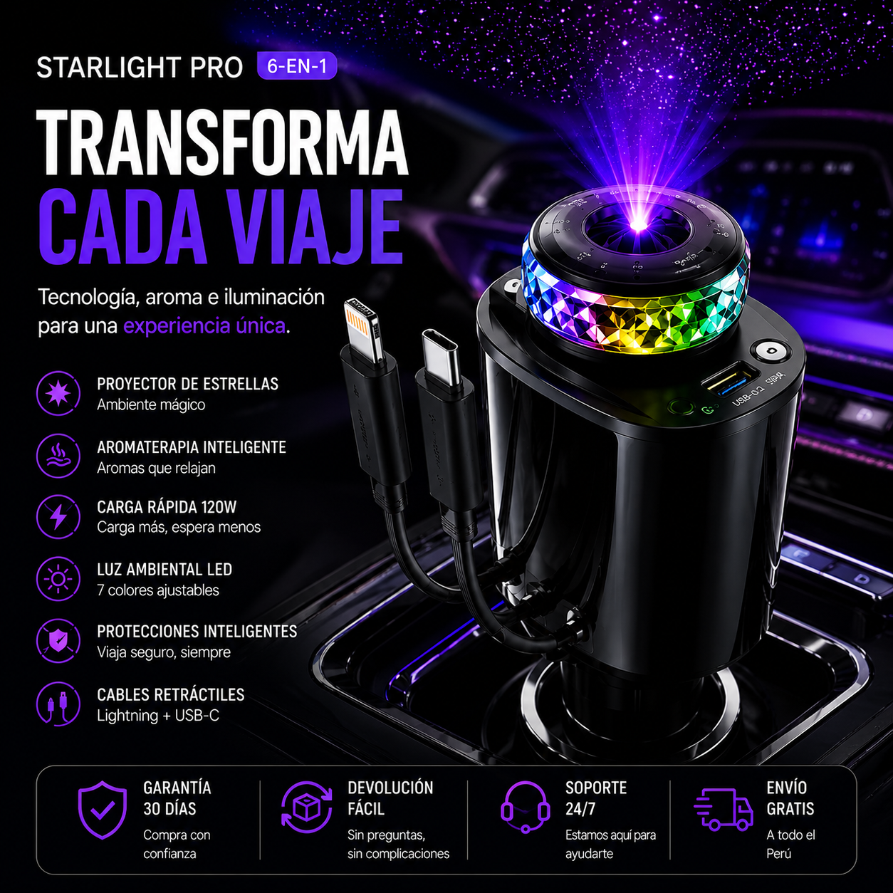 Cargador de Auto Starlight Pro 6 en 1
